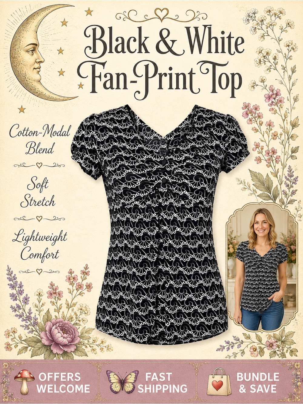 Mixit Fan‑Print Top Black & White Cotton‑Modal Stretch XS
